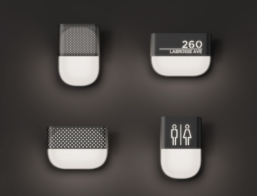 Closeup of 4 Jaki fixtures showing customized faceplates
