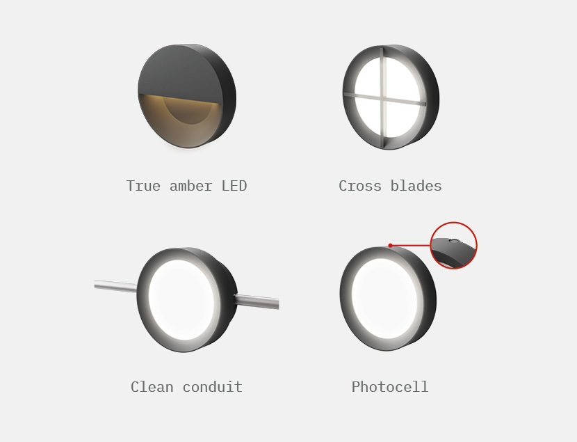 Close up of Scena fixtures depicting options available - true amber LED, cross blades, clean conduit, or photocell
